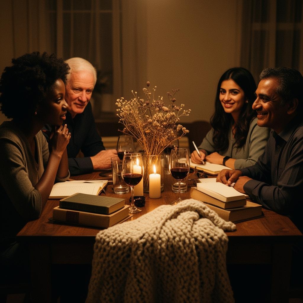A warm intimate gathering of people in conversation by candlelight
