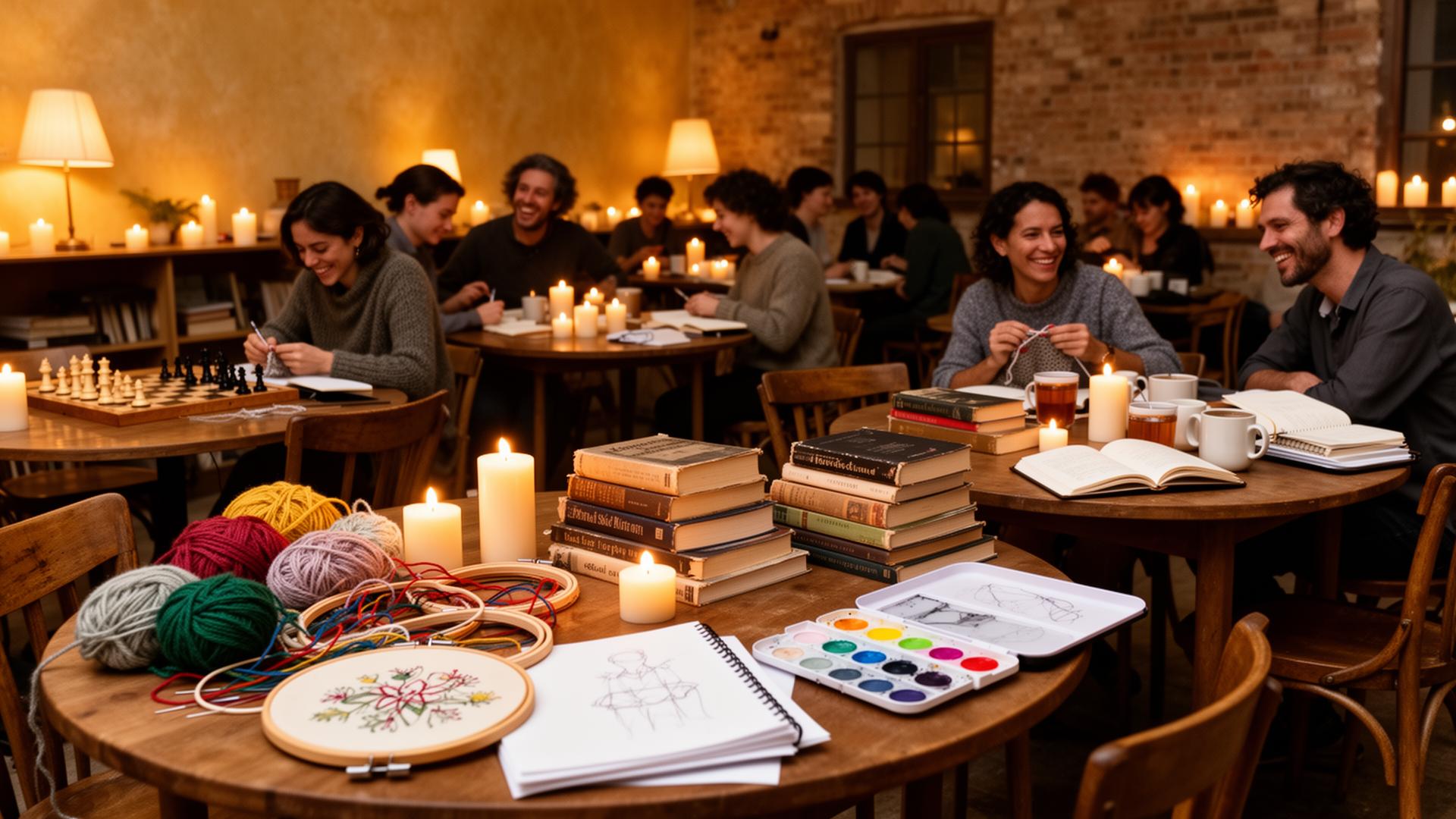Warm interior of an intimate event venue at dusk